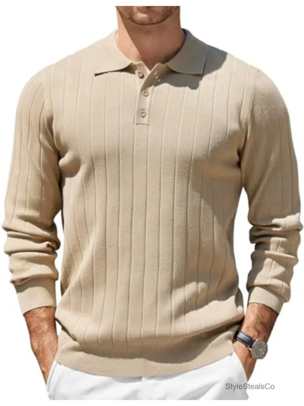 Men's Long Sleeve Knit Polo Sweater Slim Fit 3 Button Casual Pullover